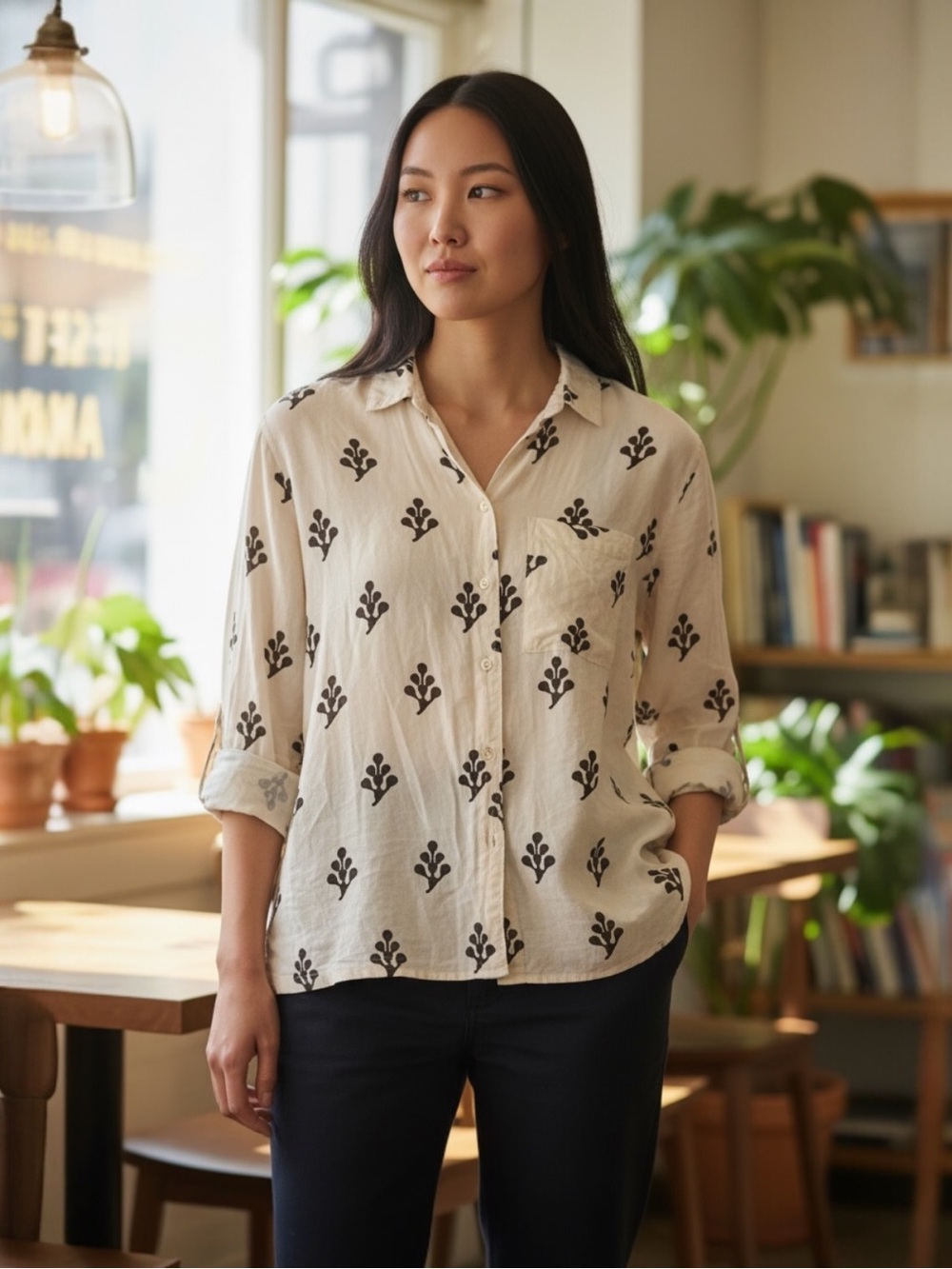 LIDO Cotton Button-Down Floral Print Shirt Cream 38/M